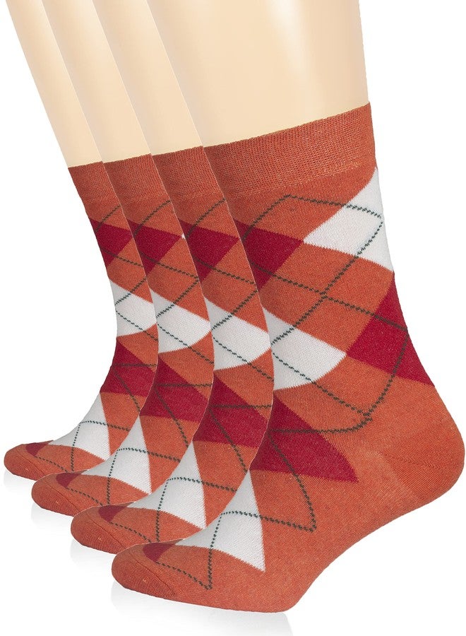 Hugh Ugoli Women's Cotton Argyle Crew Socks | Fun Colorful, Patterned Trouser or Dress Socks, 4 Pairs, Orange, Shoe Size: 9-12 - Image 1